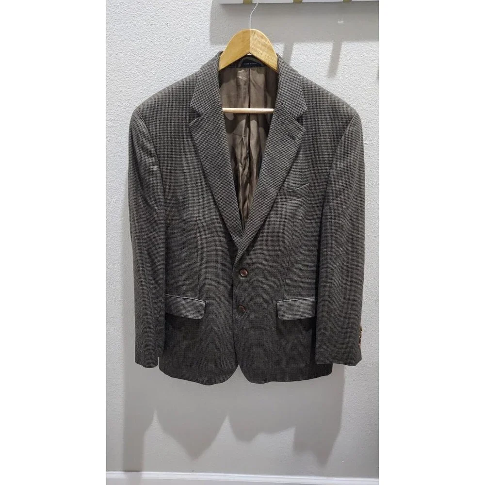 Ralph Lauren Mens Blazer Jacket Single Breasted 42R Houndstooth Brown Silk Blend